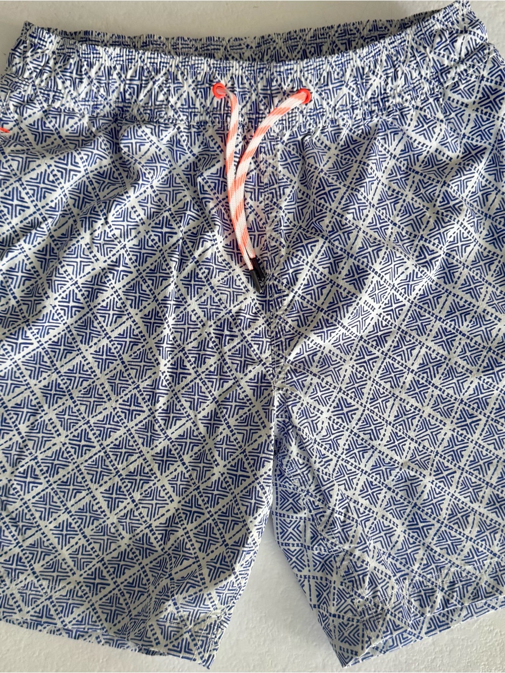Crewcuts Blue Geometric Swim Trunks with Pink Drawstring